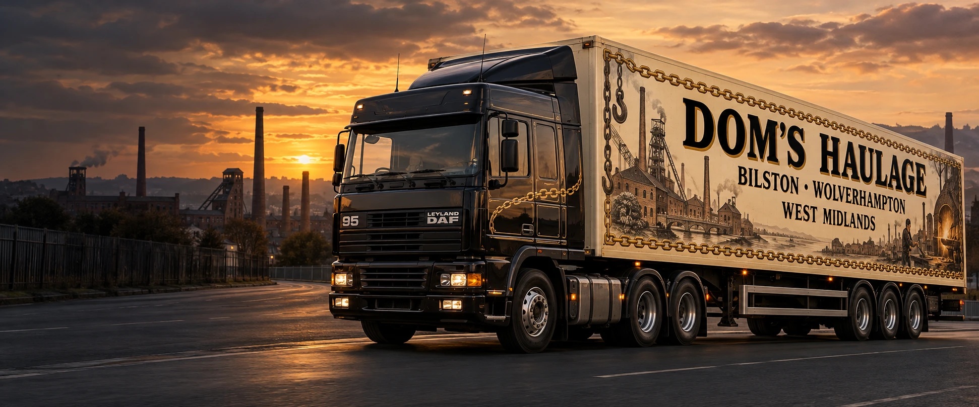 Concept Leyland DAF truck with Dom’s Haulage, Bilston and Wolverhampton trailer signage